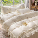 Triogift  Silky Bedding for Home Luxury Bedsheets Set with Pillow Case Lace Style Bedclothes постельное белье Skin-friendly Bed Linen Sets