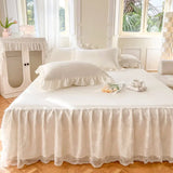 Triogift Solid Color Bed Skirt & Pillowcase Washed Cotton Wrap Around Bedskirt with Embroidered Lace White Pleated Dust Ruffle Bed Sheet