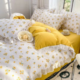 Triogift French Golden Sunflower Floral Lace Seersucker Bedding Set Washed Cotton Four-piece Set Student Bed Sheet Three-piece Set