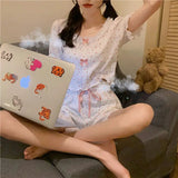 Triogift  Floral Sleepwear Women Korean Reviews Many Pajama Set Summer Home Wear Bow Short Sleeve Pyjamas Two-piece Set Japanese Piiama