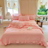 Triogift Pink Ruffle Comforter Bed Sheet Pillowcases Queen Size Lightweight Fluffy Farmhouse White Ruffle Bedding Set Soft Microfiber