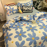 Triogift  Floral Bedding Set with Flat Sheet Quilt Duvet Cover Pillowcase Bed Linens Boy Girl Single Double Queen Size Home Textile