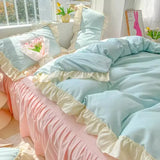 Triogift  Princess Korean Style Bedding Set Aesthetic Queen Full King Size Solid Color Double Bed Bedspread Sheets Ruffled Duvet Cover Set