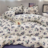 Triogift Ins Purple Blueberry Four-piece Bedding Set Washed Cotton Double-layer Yarn Literary Quilt Cover Bed Sheet Three-piece Set