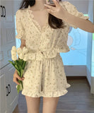 Triogift  Floral Pajama Sets Women Lace V-neck Crop Sweet Girls Elegant Summer Daily Home Sleepwear Casual Shorts Cozy Chic Ins Stylish