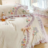 Triogift  100% Cotton Korean Princess White Bedding Sets Ruffle Bedspread Flower Embroidery Duvet Cover Bed Skirt Pillowcases Home Textile