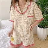 Triogift  Floral Sleepwear Women Pajama Sets Summer Piiama Korean Pocket Short Sleeve Home Suit 2 Pieces Ruffle Night Wears Pyjamas New