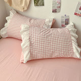 Triogift Korean Princess Style Lattice Double Layer Lace Bedding Set Soft Quilt Cover Plaid Style Duvet Covers Set Bed Sheet Pillowcases