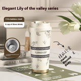 Triogift  -  Lily Of The Valley Design Travel Portable Leakproof Coffee Cup Stainless Steel Insulated Bottle Cold Cup Thermos Cup