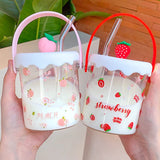 Triogift  -  Kawaii Strawberry Peach Glass Cup For Coffee Water Juice Milk Tea Creative Fruit Portable Glass Cups With Lid Straw Scale Handle