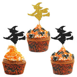 Triogift 12Pcs Halloween Collection Of Gold And Black Witches Riding On Broomsticks Cupcake Topper Birthday Cake Decor Halloween Supplies