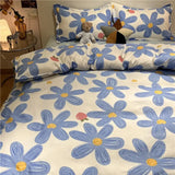 Triogift  Floral Bedding Set with Flat Sheet Quilt Duvet Cover Pillowcase Bed Linens Boy Girl Single Double Queen Size Home Textile