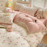 Triogift Pink Tulip Bedding Set INS Pastoral Flowers Duvet Cover Queen Full Twin Size Flat Bed Sheet Floral Pillowcase Girls Bed Linen