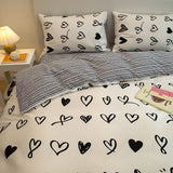 Triogift Simple Love Heart Bedding Set Girls Floral Duvet Cover Flat Sheet Pillowcase No Filling Soft Polyester Queen Bed Linens