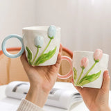 Triogift  -  1pc Tulip Flower Ceramic Mug 3D Design Creative Relief Girl Heart Coffee Cup Birthday Mothers Day Gift for Her Afternoon Tea Cup