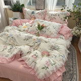 Triogift Romantic French Flowers Lace Ruffles Bedding Set Washed Cotton Duvet Cover Bed Flat Sheet Pillowcases Girls Couple Bed Linens