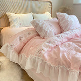 Triogift Pink Korean Princess Style Lace Ruffles Wedding Bedding Set Seersucker Washed Cotton Soft Duvet Cover Set Bed Sheet Pillowcases