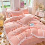 Triogift  Kawaii Korean Bedding Sets No Filling Ins Princess Style Lace Bow Duvet Cover Fitted Sheet Girl Woman Home Bedroom Bed Linens