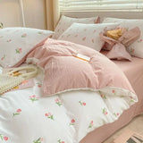 Triogift Romantic Tulip Pink Bedding Set Bed Flat Sheet Pillowcase Twin Full Queen Bed Linen Kids Girls Floral Duvet Cover No Filling