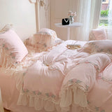 Triogift  Princess Bedding Sets Egyptian Cotton Pink Lace Flowers Embroidery Duvet Cover Bed Sheet Pillowcases Home Textile