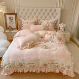 Triogift Romantic French Vintage Carved Velvet Lace Ruffles Flowers Embroidery Bedding Set Velvet Fleece Duvet Cover Bed Sheet Pillowcase