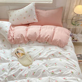 Triogift Romantic Tulip Bedding Set Bed Flat Sheet Pillowcase Twin Full Queen Princess Style Bed Linen Girls Pink Floral Duvet Cover