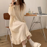 Triogift Polka Dot Nightgown Sleepwear Women Korean Ruffles Night Dress Spring One Piece Pajamas Long Sleeve O-neck Home Wear New