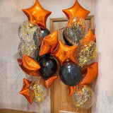 Triogift 18pcs/set 18inch Orange Stars Foil Balloons Gold Confetti Black Latex Ball Halloween Kids Birthday Party Decors Inflate Balls