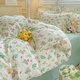 Triogift Cute Floral Duvet Cover Set Ins Korean Style with Flat Sheet Pillowcase No filler Washed Cotton Queen Full Twin Home Bed Linen