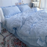 Triogift  Quilt Cover INS Girl Blue Solid Color Seersucker Ruffles Lace Bedding Set Kawaii  Soft Sheet Woman Duvet Cover Pillow Covers