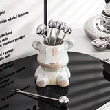 Triogift Bear Storage Jar With 6pcs Fruit Fork Set Ornament Stainless Steel Cute Food Picks Party Luxury Dining Table Decoration Item