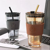 Triogift  -  350/450ml Coffee Straw Cup With Lid Heat-Resistant Water Bottle Beer Drinkware Coffee Mug With Straw Deer Printed Leather Glass