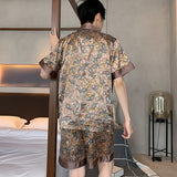 Triogift  Ice Silk Pajamas Suit Men Spring Summer New Typle Fashion Short Sleeve Polyester Loungewear Male Sleepwear Geentlemen Homewear