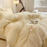 Triogift French Princess Style Bedding Sets Ruffle Lace Bow Quilt Cover Romantic Bedclothes Decor Woman Girls Bedroom