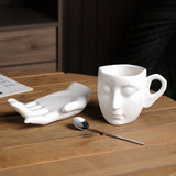 Triogift  -  260ml Ceramic Face Coffee Cup Dish with Spoon European Character Mug Decor Afternoon Camellia Tea Coffee Cup Breakfast Milk Mug