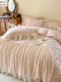 Triogift  Korean Style Pink Lace Bedspread Bedding Set King Queen Luxury Princess Duvet Cover Bed Skirts Bedcloth Soft Cotton Home Textile