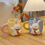 Triogift  -  Korean Style Cute Rabbit Ceramic Mug Cartoon Hand-painted Embossed Coffee Cup Household Milk Cup with Handle Spoon suit