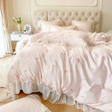 Triogift  Pink French Style Princess Bedding Set Rose Embroidery Lace Ruffles Lyocell Fabric Soft Silky Duvet Cover Bed Sheet Pillowcases