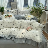 Triogift Korean Bow Bedding Set Princess Ruffle Lace Girls Duvet Cover No Filling Flat Sheet Pillowcases Floral Quilt Cover Bed Linens