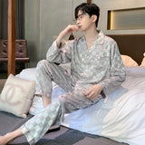 Triogift  HIgh Quality Pajamas Set Men Spring Autumn Simple Classic Ice Silk Sleepwear Male Two piece Suit Youth Home Clothing Outdoor Boy