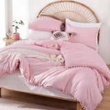 Triogift  Pink Full Ball Pom Fringe Design Comforter Set 3pcs, Boho Aesthetic Luxurious Full Bedding Set, Vintage Ultra Soft Microfiber