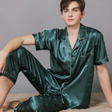 Triogift  New Typle High Quality Spring Autumn Silk Pajamas Set Men Ice Silk Short Sleeve Large Size Home Wear Suit Male Feel Cool Summer