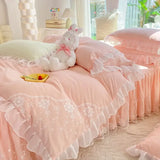 Triogift  Pink Lace Ruffle Bedding Set Luxury Bed Skirt Sheet Bedspread Korean Duvet Cover Girls Princess Bedspread Pillowcases