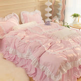 Triogift Korean Ins Bedding Set, Luxury Quilt Cover, Pillowcase Flat Bed Sheets, Simple Girl Princess Ruffle Home Textiles