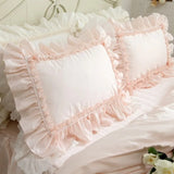 Triogift  Super Sweet Solid Color Bedding Sets Luxury Princess Wedding Pink Lace Ruffle Cotton Duvet Cover Bedspread Bed Skirt Pillowcases