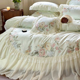 Triogift Princess Chiffon Lace Bedding Sets Luxury Green Egyptian Cotton Flowers Embroidery Duvet Cover Bed Sheet Pillowcases New