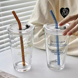 Triogift Creative English and French Letters Straw Cup Portable Coffee Milk Straw Cup With Lid Drinking Straw Cup Travel Glasses Cup