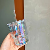 Triogift  -  Kawaii Iridescent Glass Cup With Lid Straw For Coffee Water Wine Beer Juice Milk Tea Glass Cups Simple Ice Drinking Cup Gift