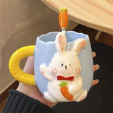 Triogift  -  Korean Style Cute Rabbit Ceramic Mug Cartoon Hand-painted Embossed Coffee Cup Household Milk Cup with Handle Spoon suit