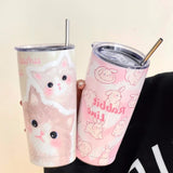 Triogift  -  Kawaii Cat Thermos Cups Tumbler For Hot Cold Coffee Tea Cute 550ml Sainless Steel With Straw Insulated Thermal Cup Water Bottle